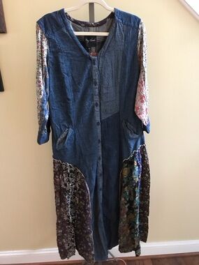 YOUNG THREADS NWT Dress Midi Denim Floral Plaid Sleeves Button Down Medium Large